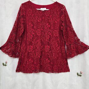 ELLE*RADIANT RED* FLORAL LACE LINED BLOUSE* WITH 3/4 BELL SLEEVES * SIZE: L